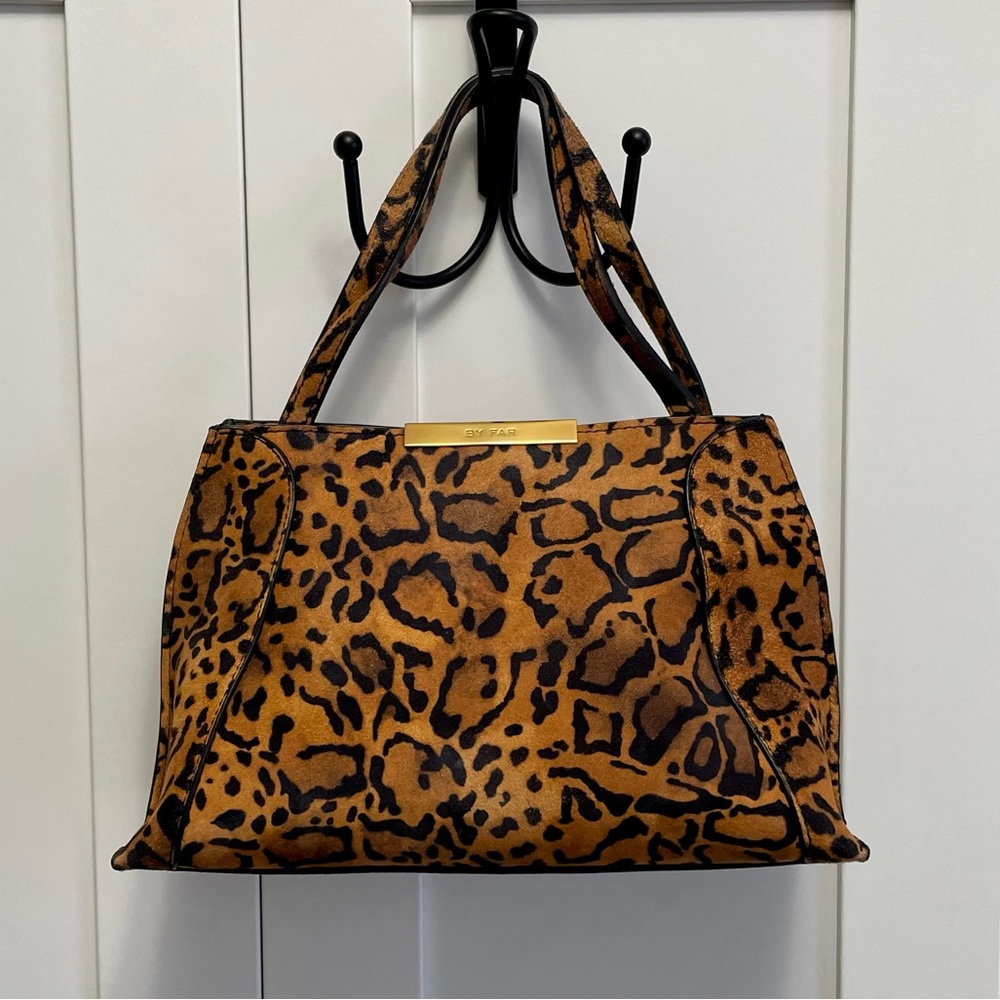 By Far Charlotte Leopard Print Suede Top Handle Mini Bag